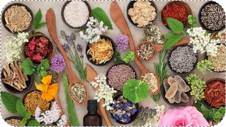 Flower and herb selection used in natural alternative herbal medicine